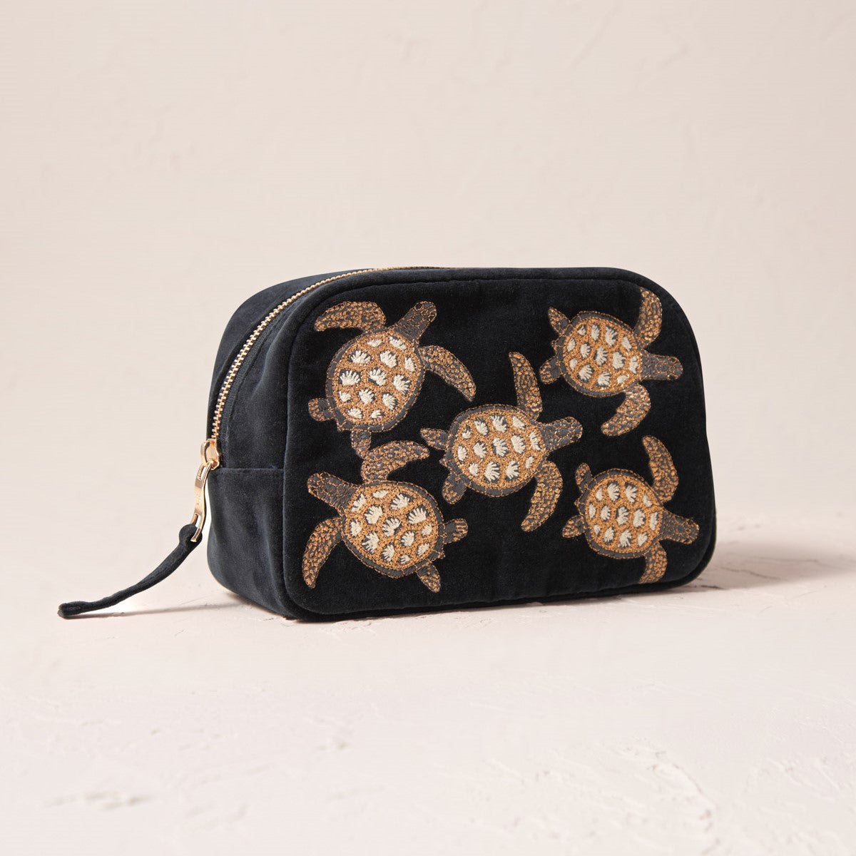 Embroidered Cosmetics Bag - Turtle Conservation Charcoal Velvet