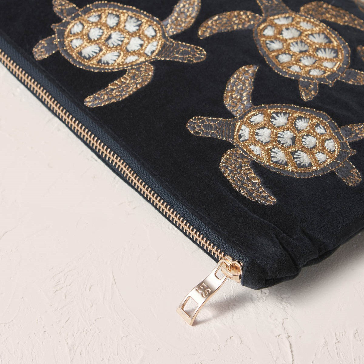 Embroidered Pouch - Turtle Conservation Charcoal Velvet