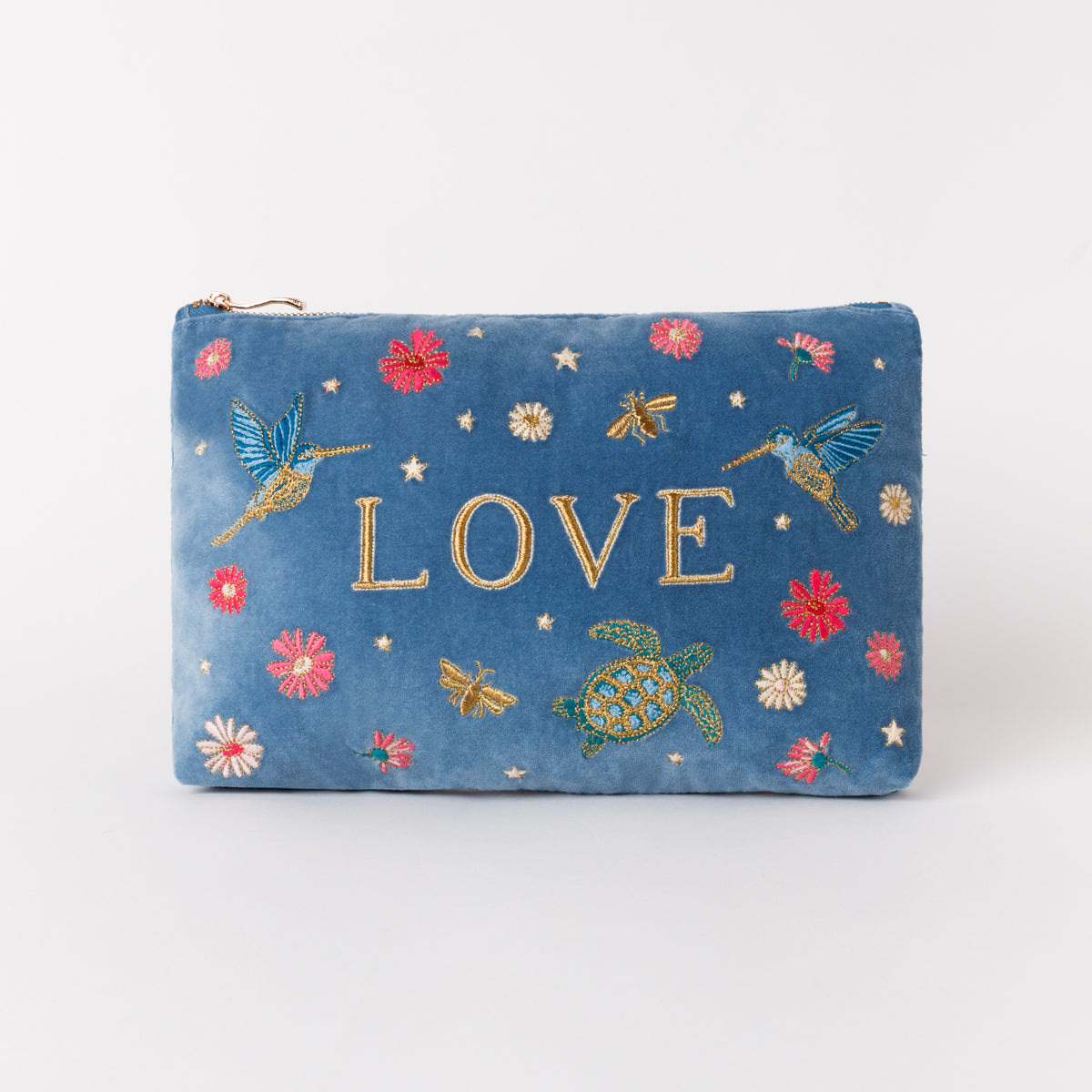 Velvet Embroidered Pouch - Love - Dusky Blue