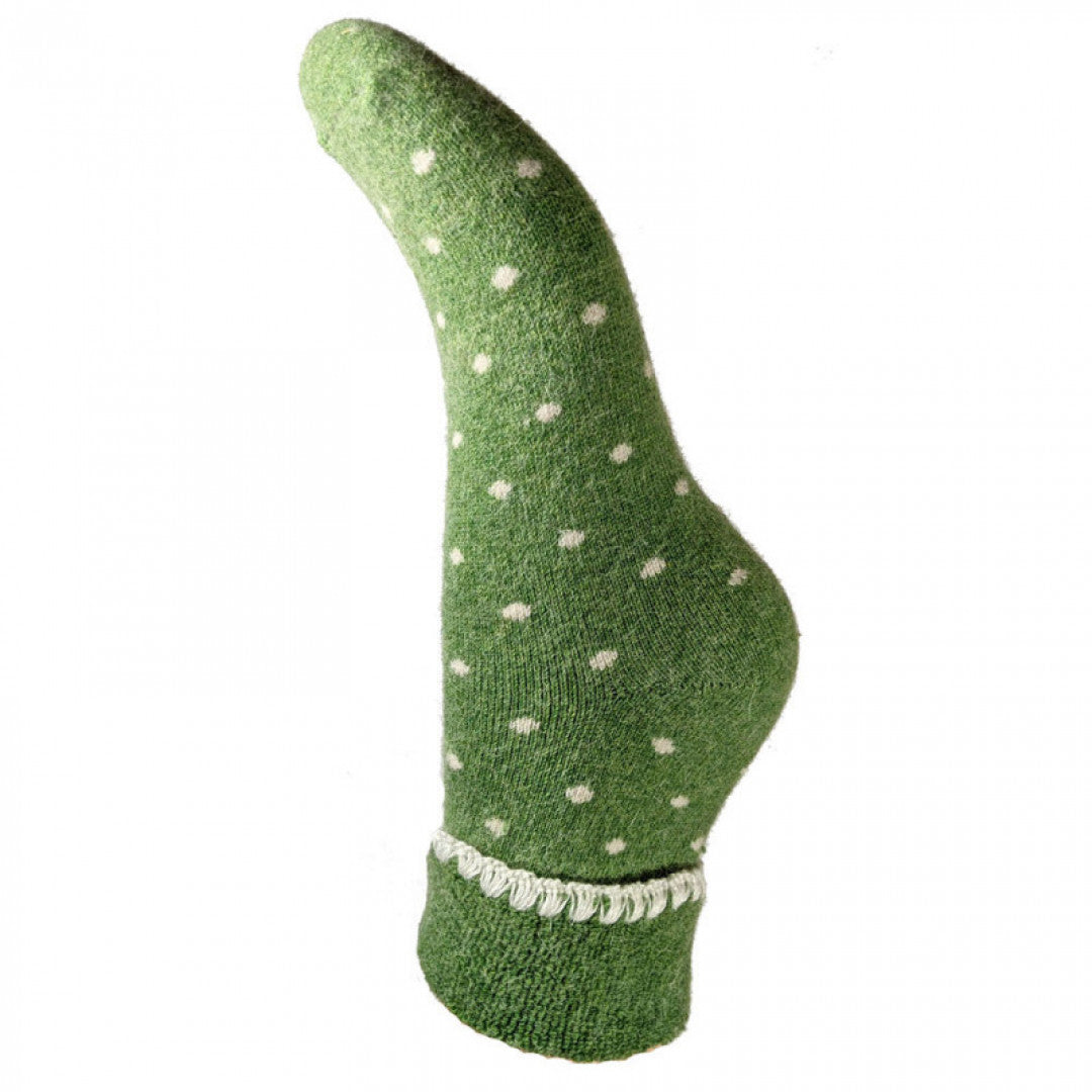 Wool Blend Socks - Green With Cream Dots