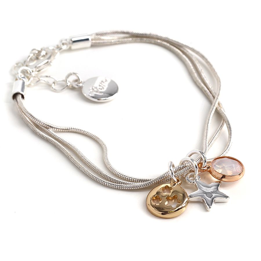 POM Triple Chain Bracelet with Rose Gold and Silver Plated Star Charms