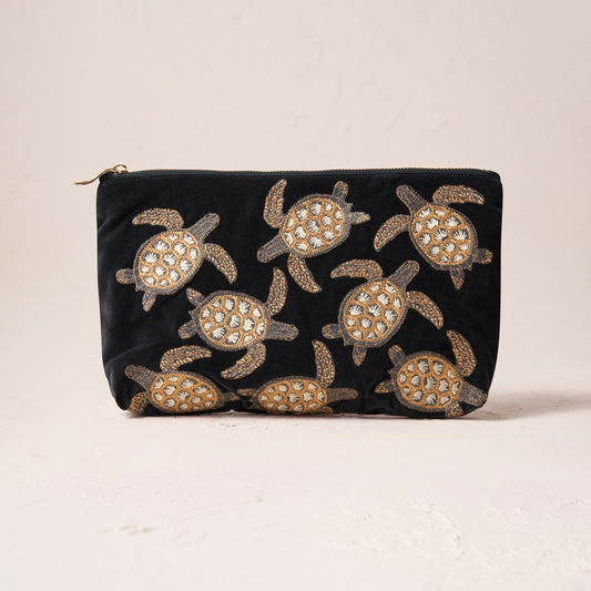Embroidered Pouch - Turtle Conservation Charcoal Velvet
