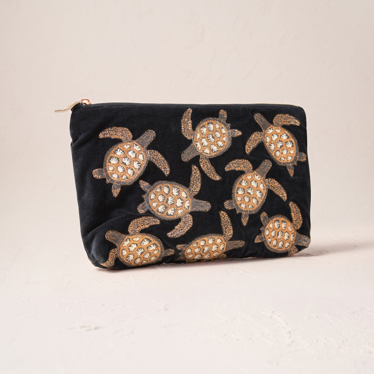 Embroidered Pouch - Turtle Conservation Charcoal Velvet