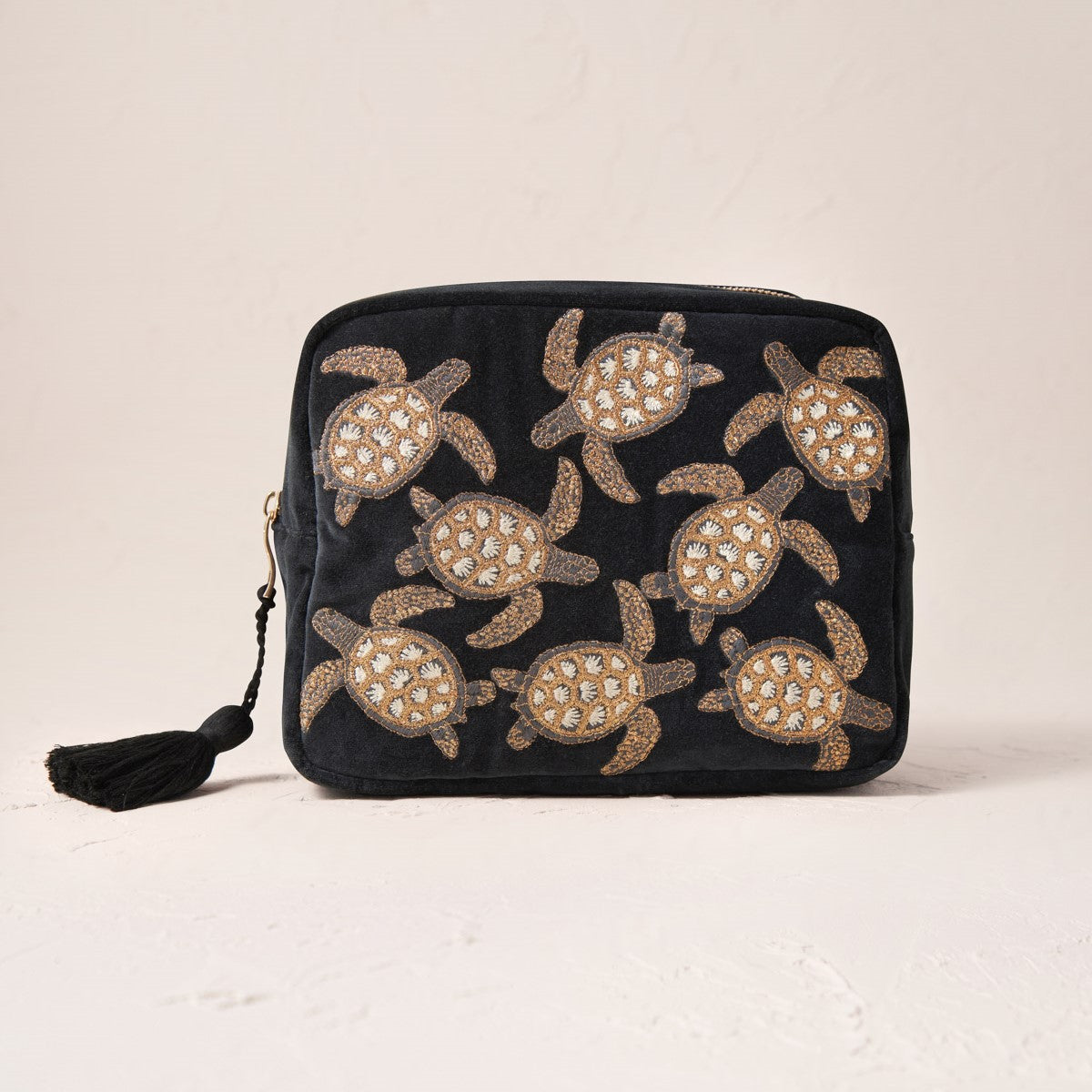 Embroidered Wash Bag - Turtle Conservation Charcoal Velvet