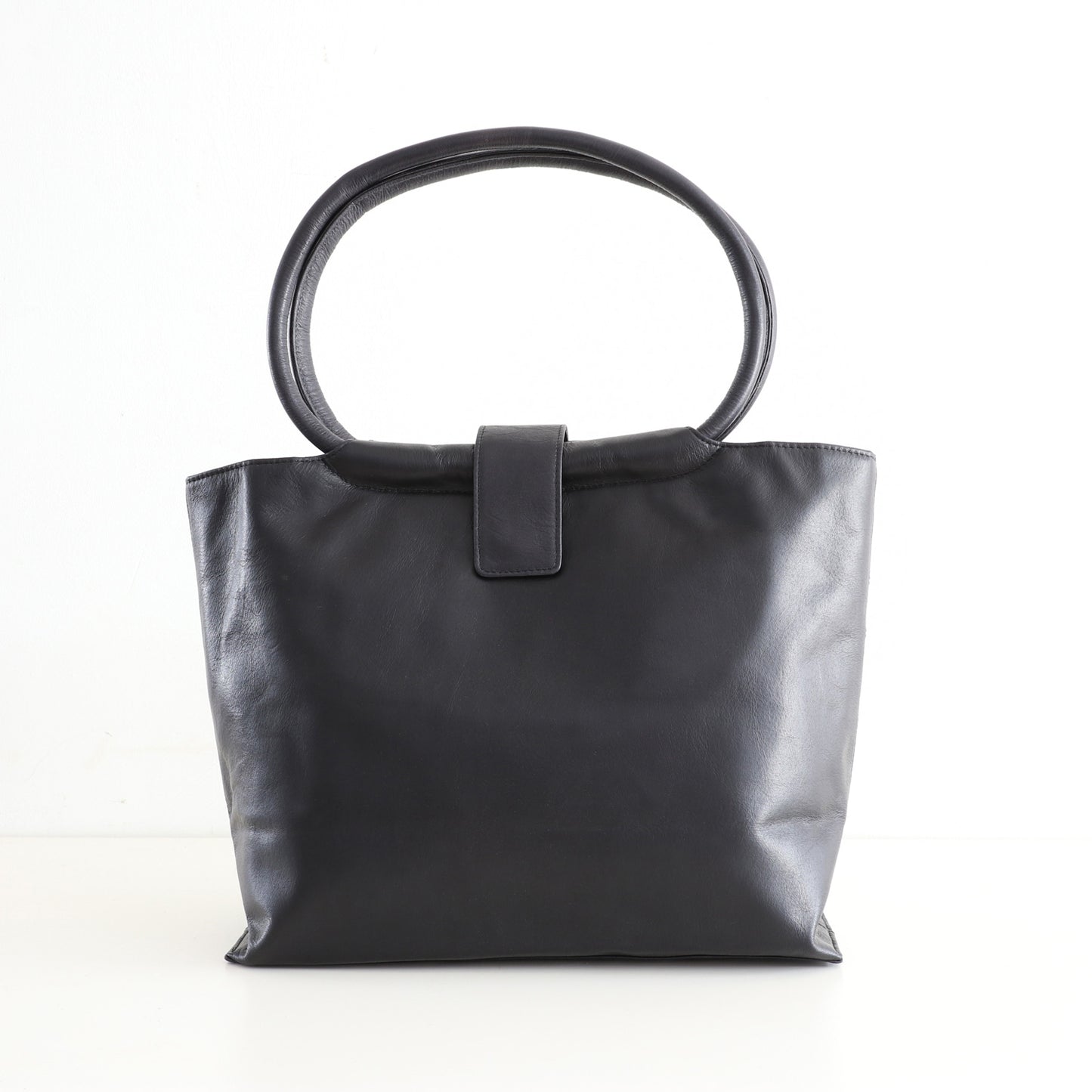 Leather Handbag with Hoop Handles - Black