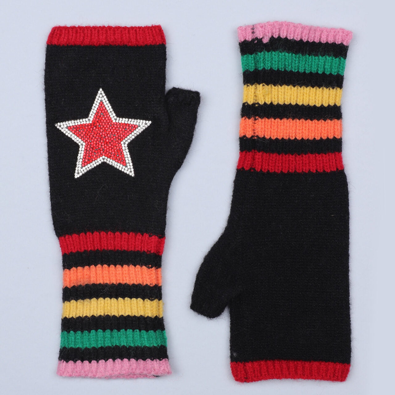 Fingerless Gloves  - Black/Rainbow Stripes