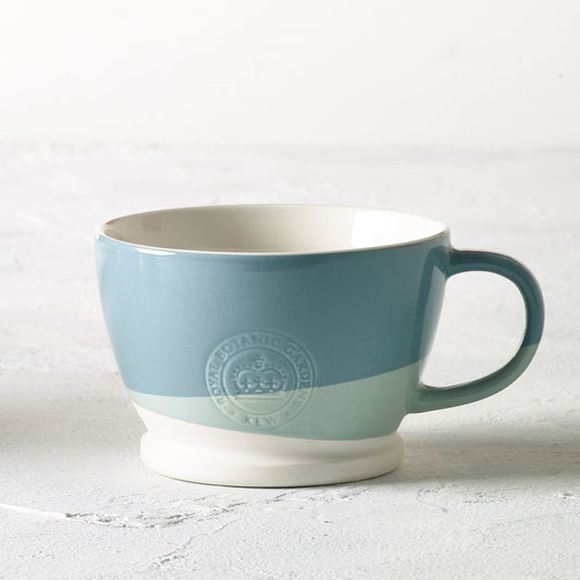 Mug with two sloping bands of blue, one large band of mid blue and a smaller band below that of pale blue on a white background, with white interior. From Kew Gardens available from Vinegar Hill.