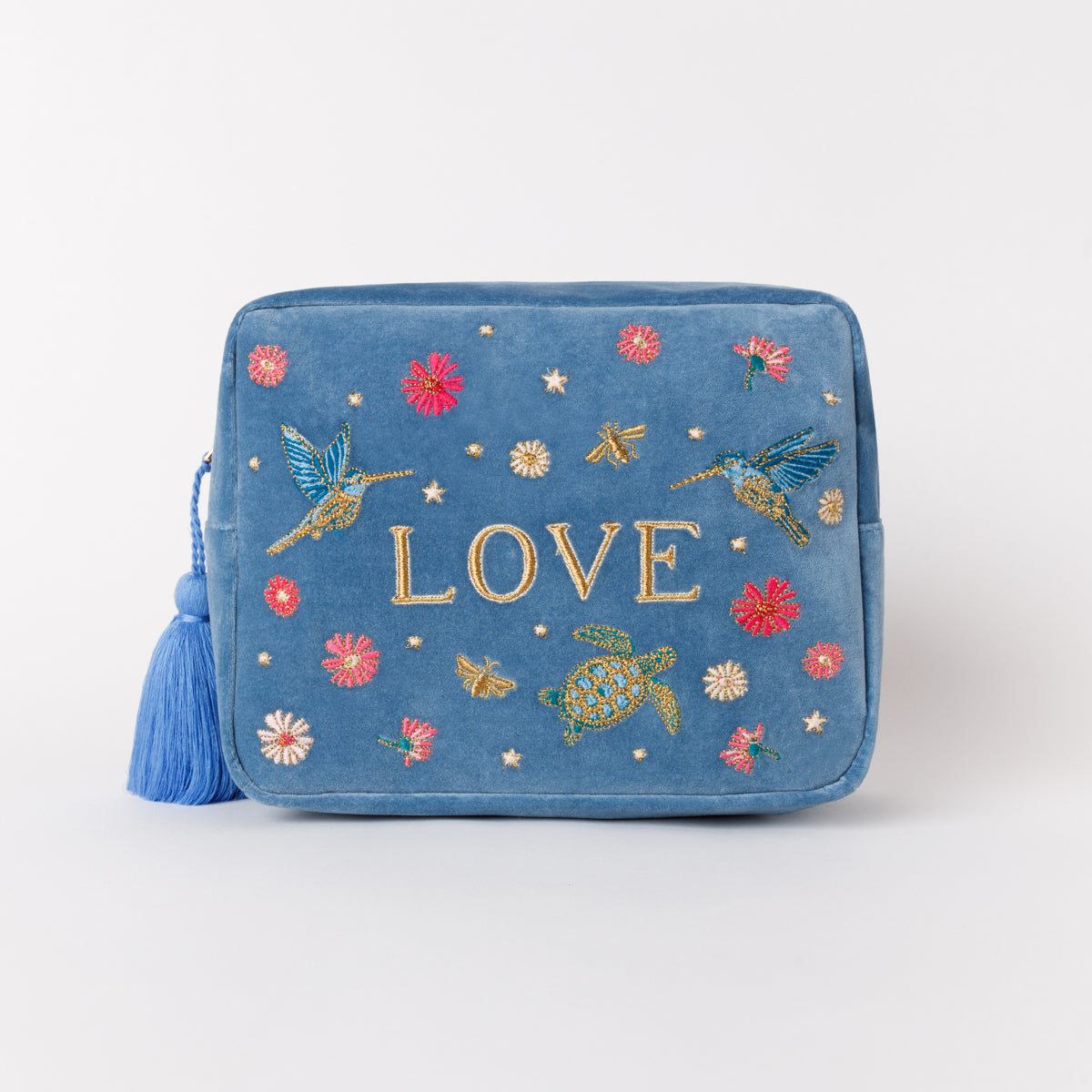 Velvet Embroidered Wash Bag - Love - Dusky Blue