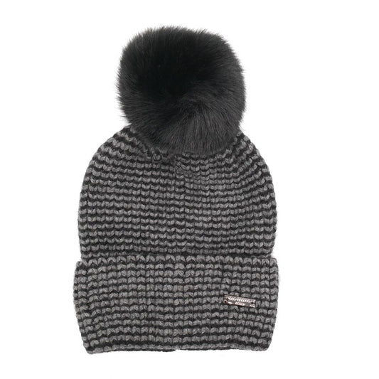 Knitted Hat with Pompom – Black/Grey