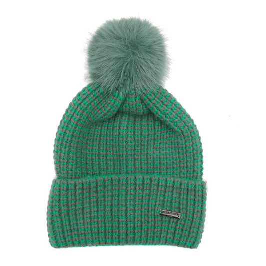 Knitted Hat with Pompom – Green/Grey