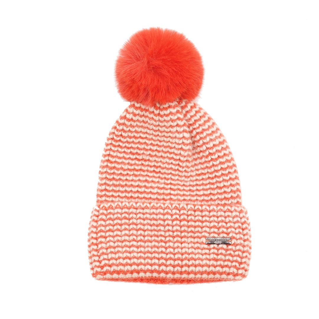 Knitted Hat with Pompom – Orange/Cream