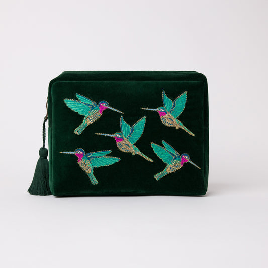 Embroidered Wash Bag - Hummingbird Rainforest Green
