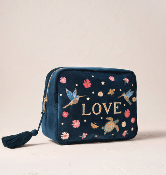 Embroidered Wash Bag - Ink Blue Love