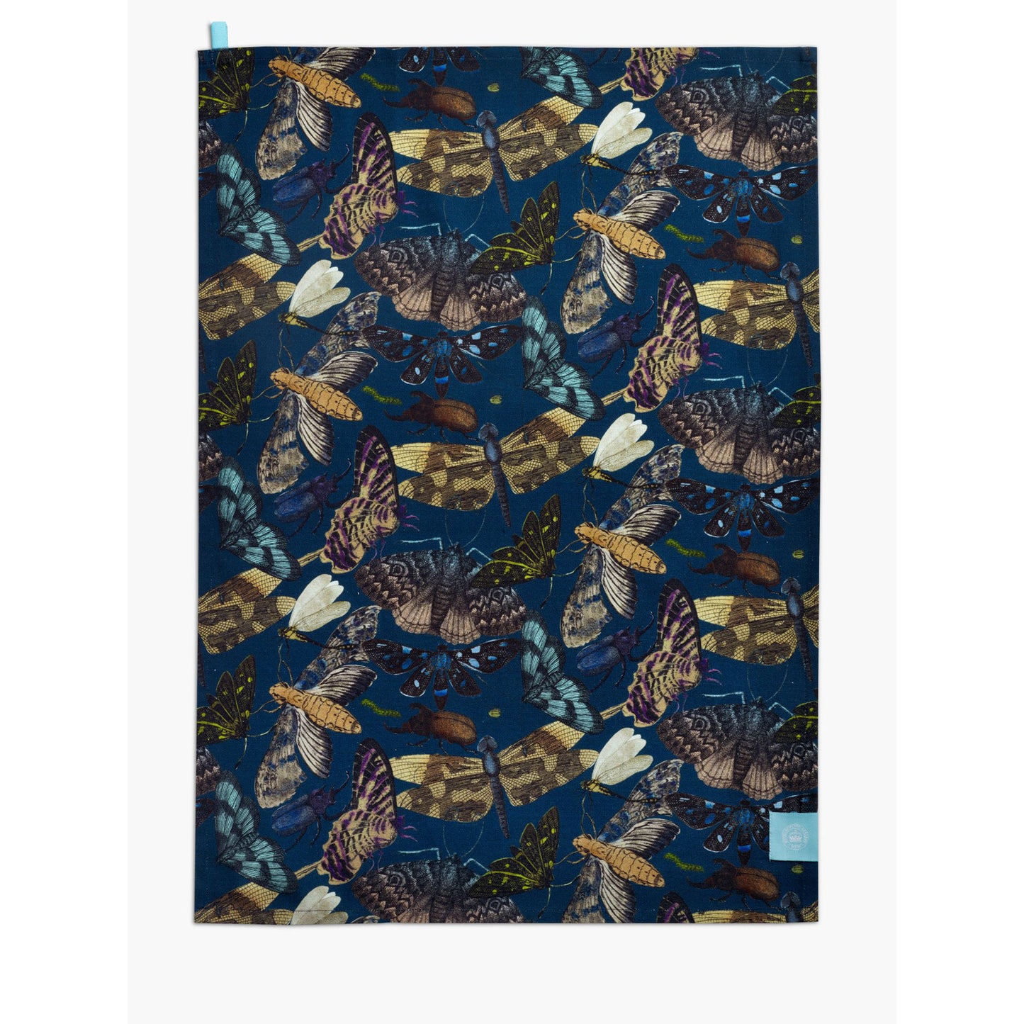 Tea towel with detailed illustration of moths and butterflies, on a blue background, from Kew Gardens available from Vinegar Hill.