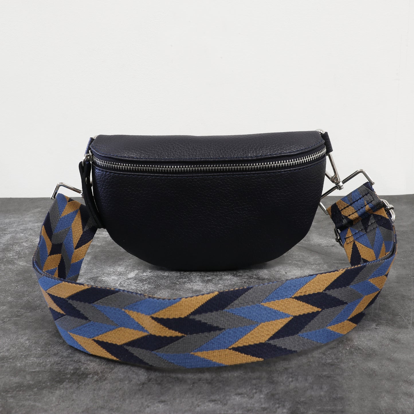 Leather Bum Bag with Patterned Strap – Navy Blue