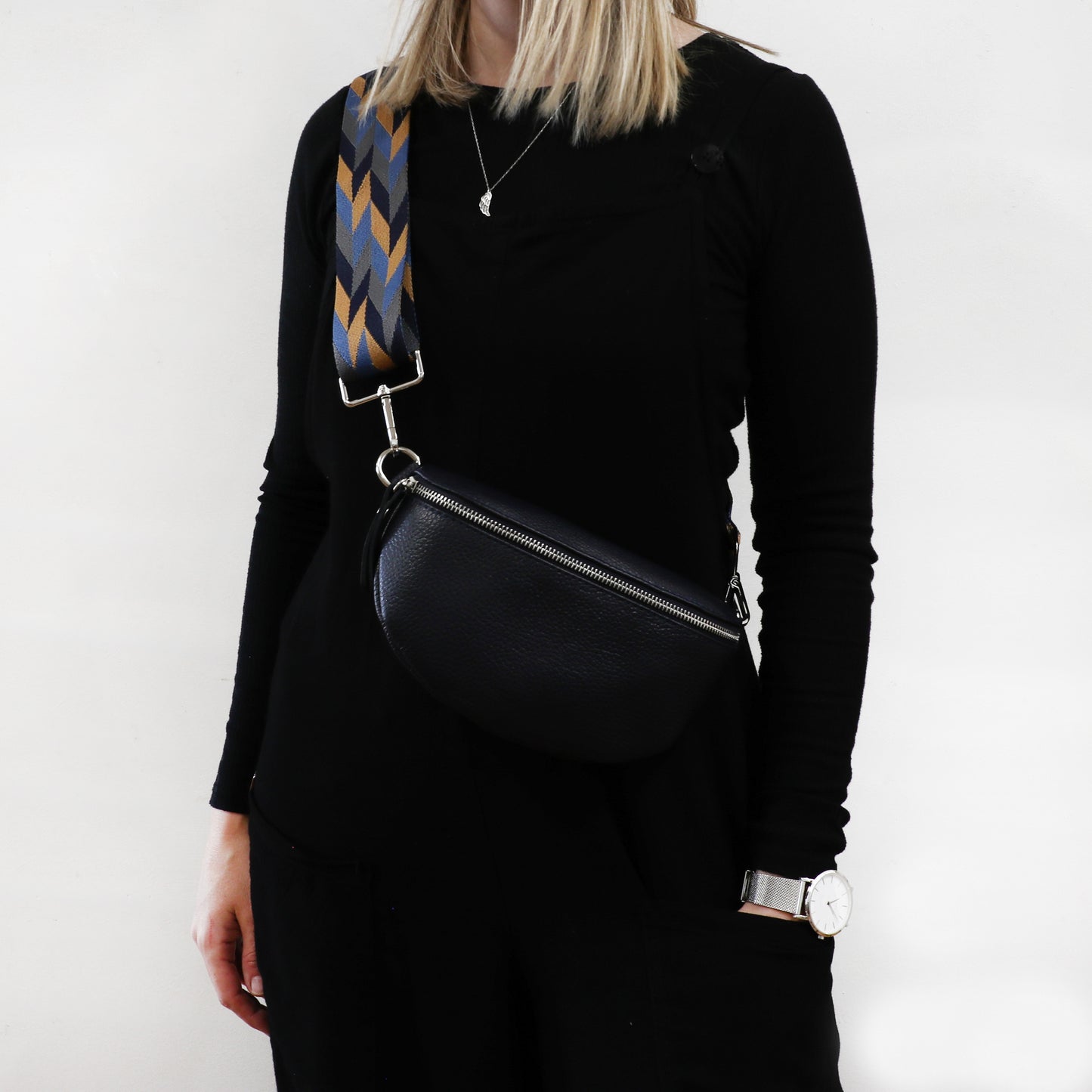 Leather Bum Bag with Patterned Strap – Navy Blue