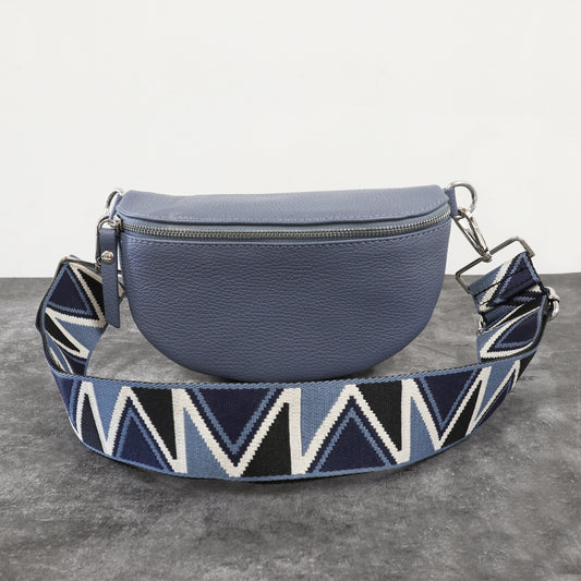 Leather Bum Bag with Patterned Strap – Blue
