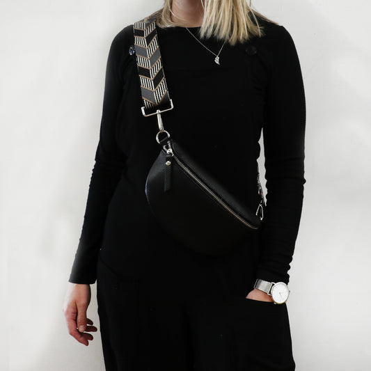 Leather Bum Bag with Patterned Strap – Black
