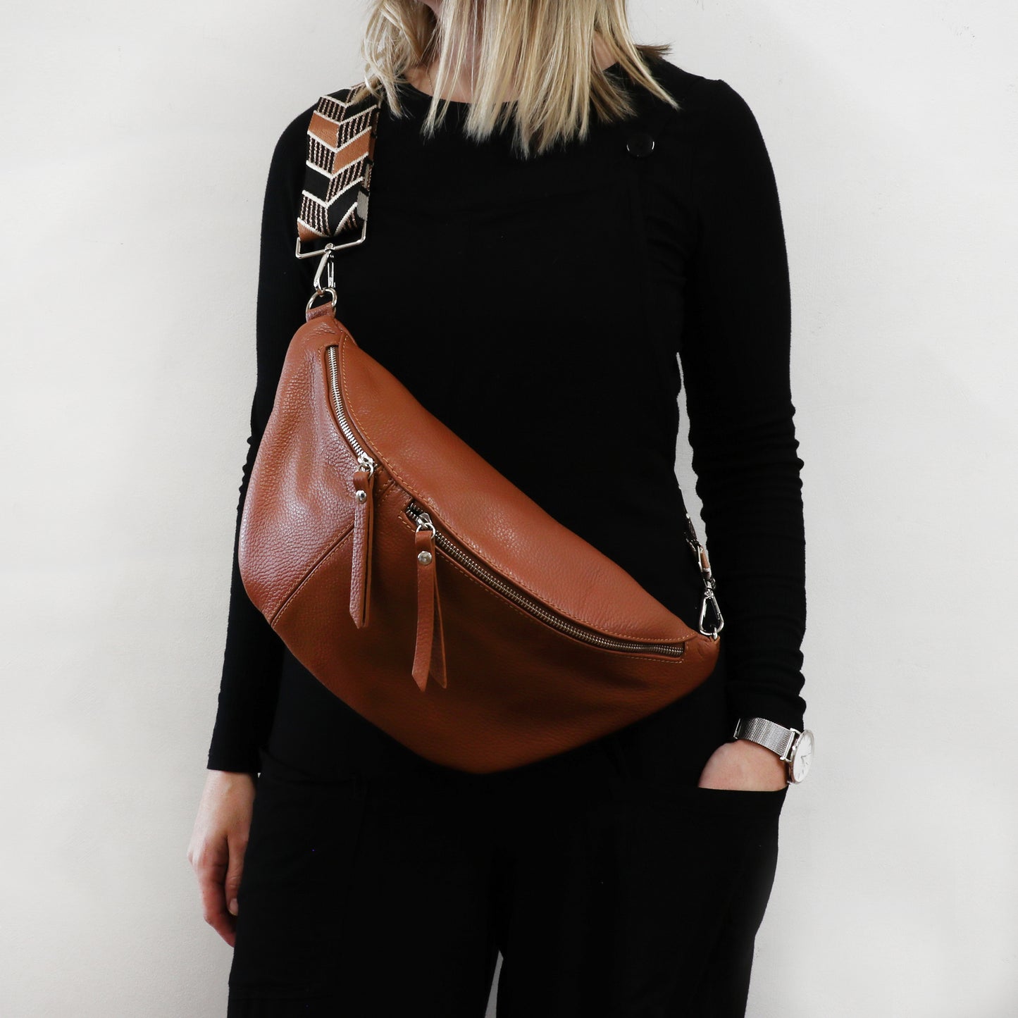 Large Leather Sling Bag with Patterned Strap  - Tan