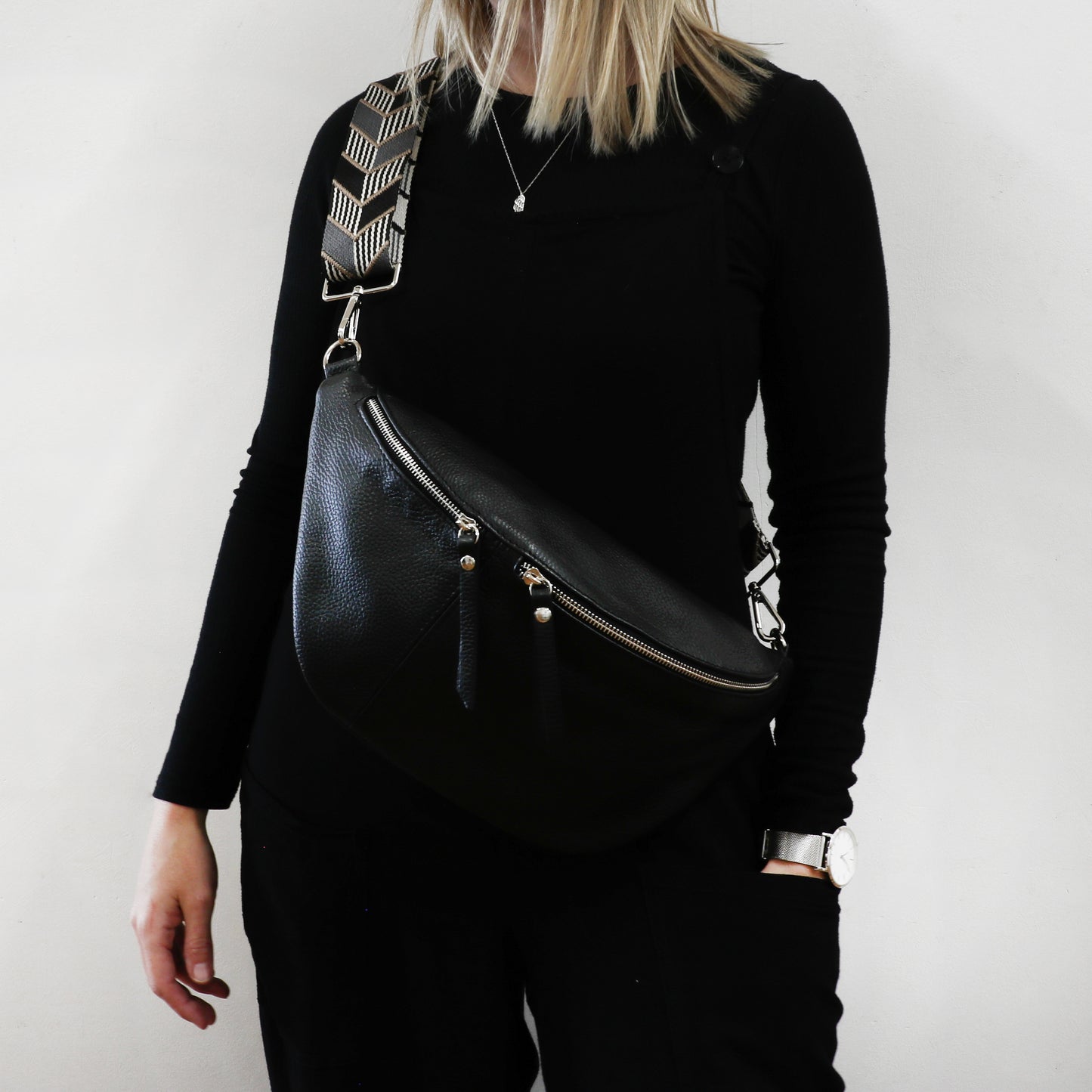 Large Leather Sling Bag with Patterned Strap - Black
