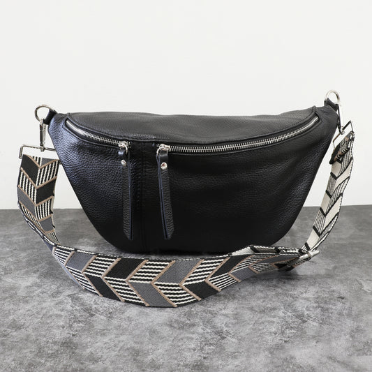 Large Leather Sling Bag with Patterned Strap - Black