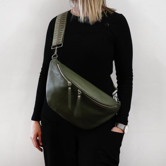 Large Leather Sling Bag with Patterned Strap - Green