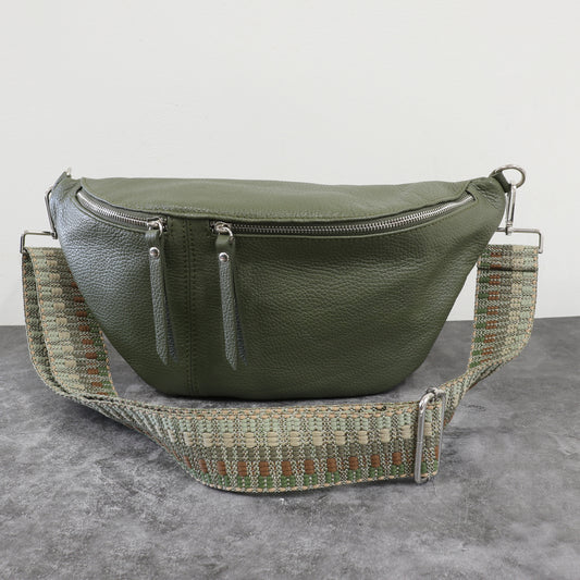 Large Leather Sling Bag with Patterned Strap - Green