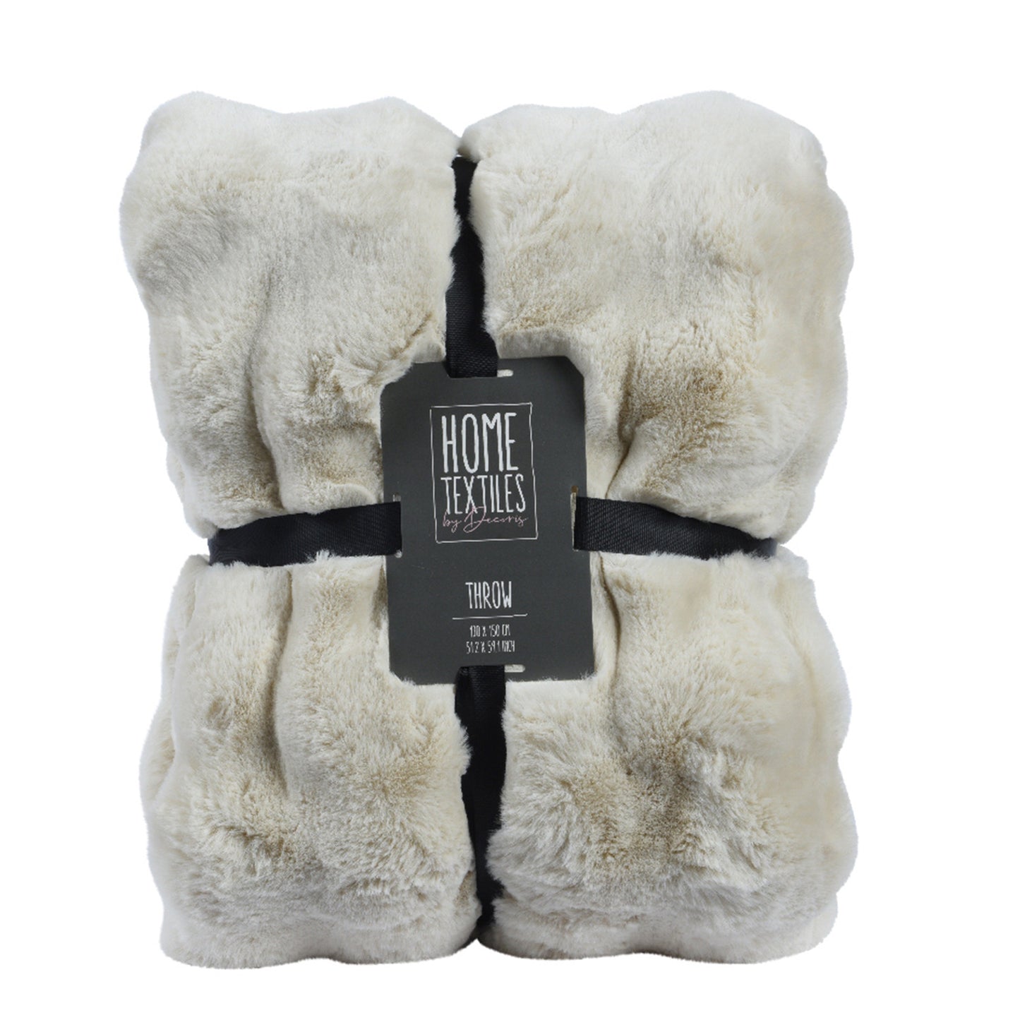 soft and luxurious faux fur throw, mimicking the fur of white rabbit. Throw is tied in a bundle with black fabric tape.
