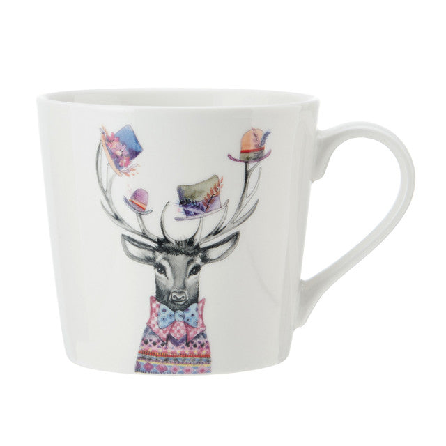 The china mug features an illustration of a stag by renowned artists Tipperleyhill. The black and white head and shoulders sketch of a stag, features colourful decorated top hats balanced on the stags antlers and a colourful fairisle jumper worn with a red check shirt and blue spotted bow tie. 