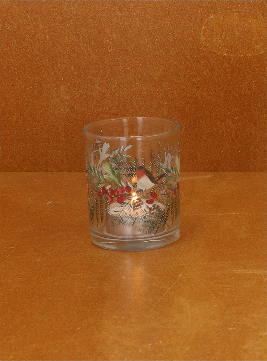 Robin Decorated Glass – Tealight/Candle Holder