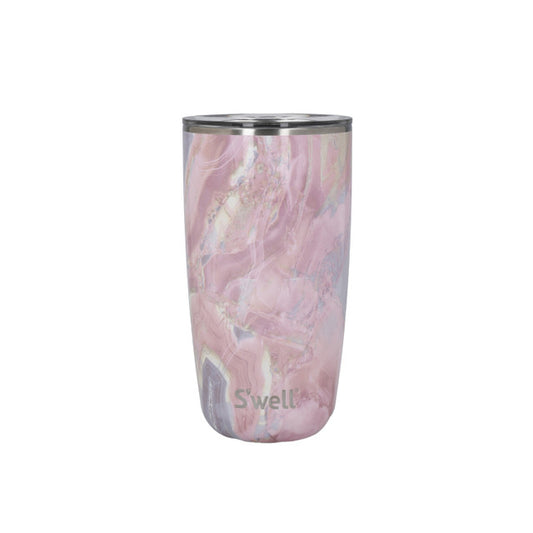 this lidded tumbler, by S’well, features the variegated pink swirls of Geode Rose Quartz with a high-gloss finish that mimics the lustre and sheen of the real stone