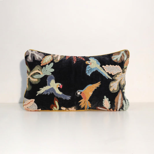 Velvet Cushion – Embroidered Parrots