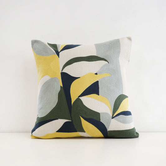 Abstract Leaf Crewelwork Cushion – Yellow, Blue & Grey
