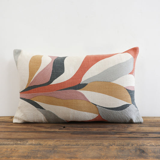 Abstract Leaf Crewelwork Cushion – Orange, Pink & Grey