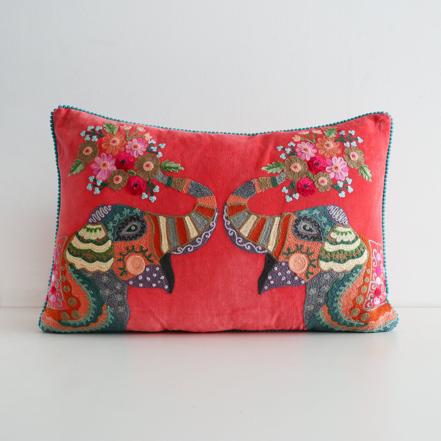 Luxury Embroidered Cushion – Coral Elephants