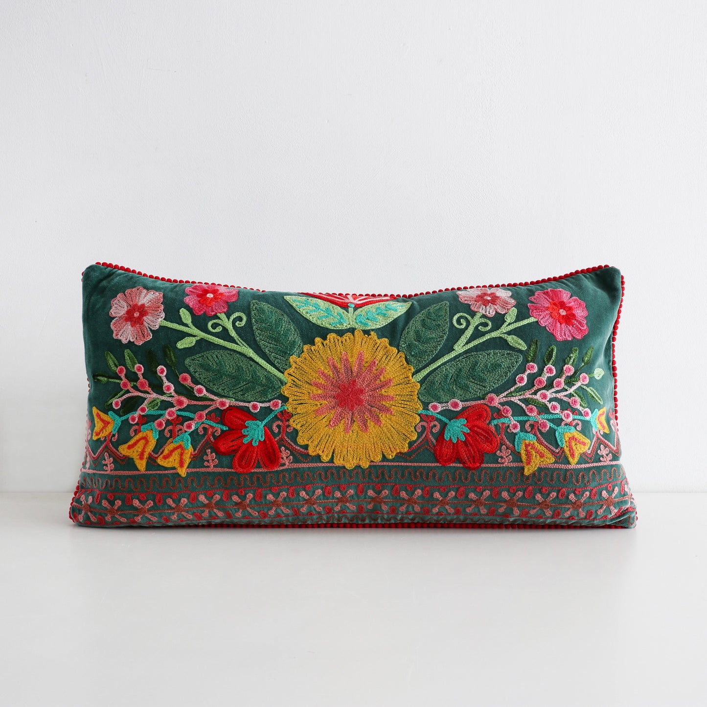 Luxury Embroidered Cushion – Green Flower