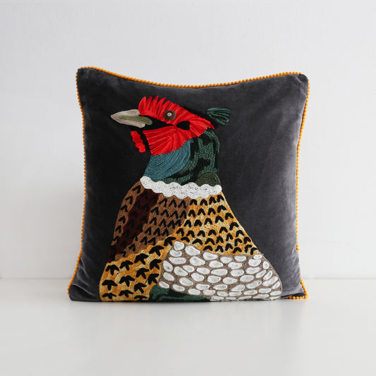 Luxury Embroidered Cushion – Grey Pheasant