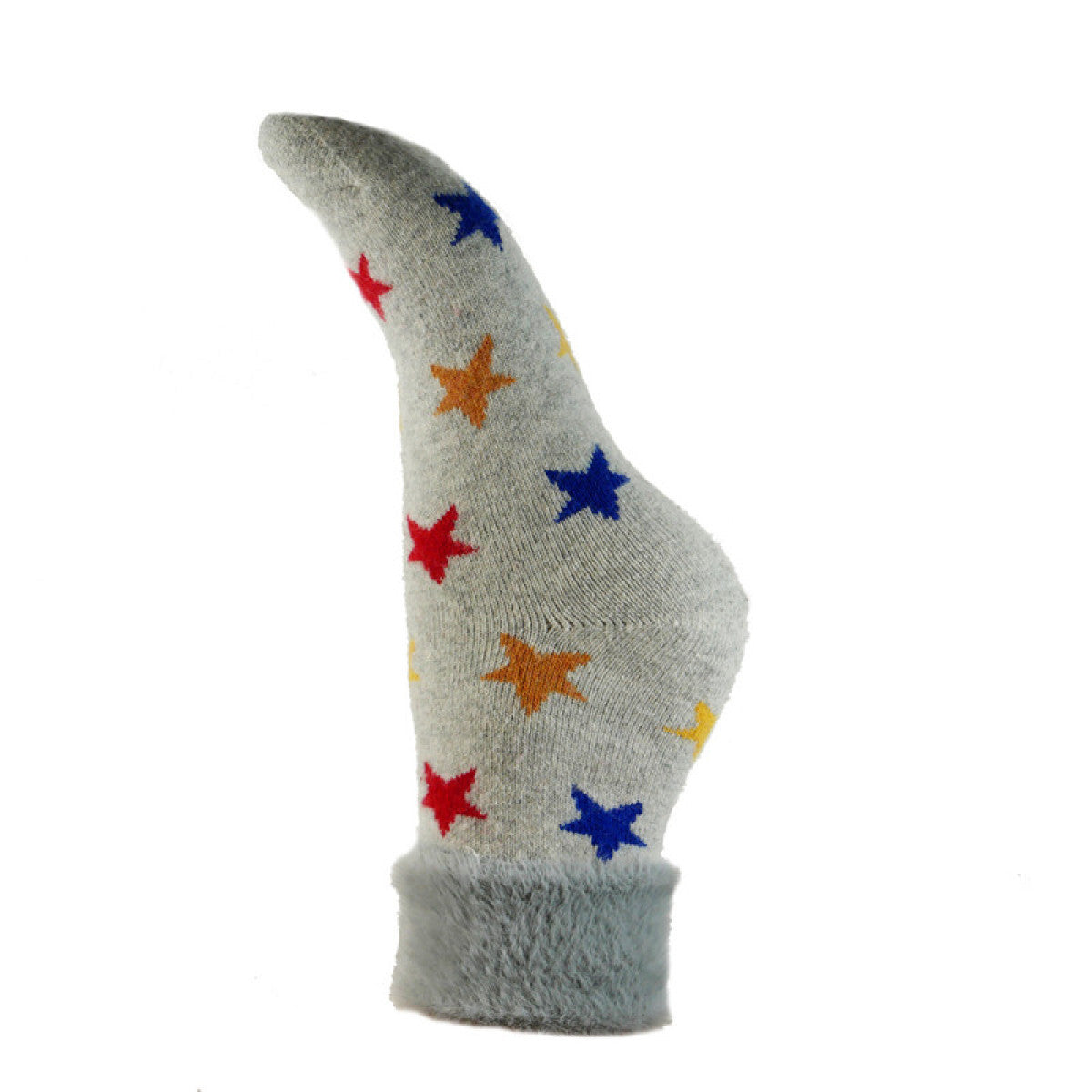 Wool Blend Socks – Grey with Multi-Coloured Stars and Faux Fur Cuff