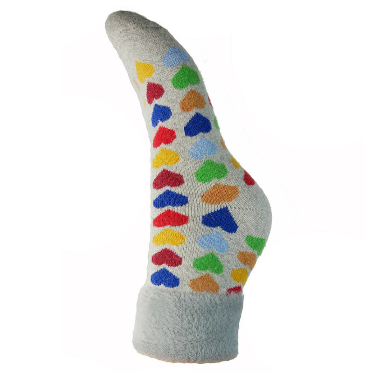Wool Blend Socks – Grey with Multi-Coloured Hearts and Faux Fur Cuff