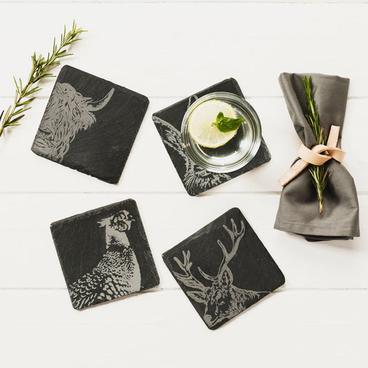 Set of 4 Etched Slate Country Animal Coasters