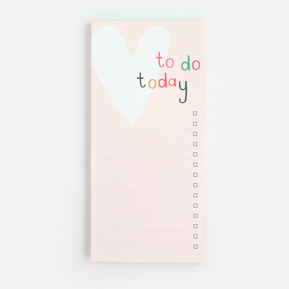 This list pad from Vinegar Hill has a pink background with a large white heart in the top left corner and ‘to do today’, written on two lines in multi-colours, next to it. Pale grey dotted lines are spaced horizontally down the page for your list and on the right of those is a square box for your tick.