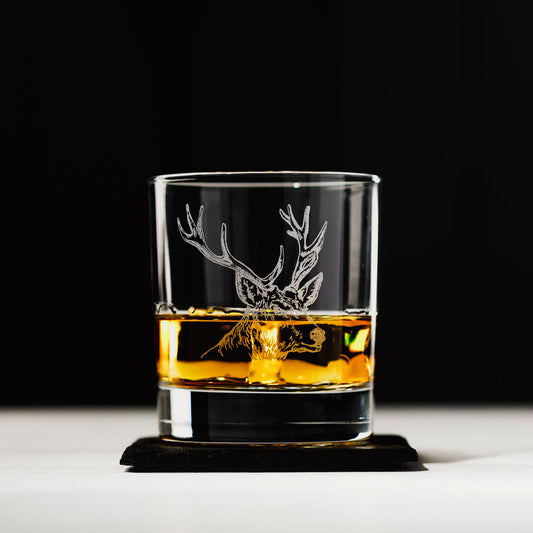 Stag Engraved Glass Tumbler with Slate Coaster Gift Set