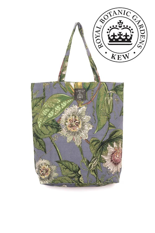 A botanical print shopper from Vinegar Hill, the image shows a detailed illustration of passion flowers and their leaves on a grey fabric background.