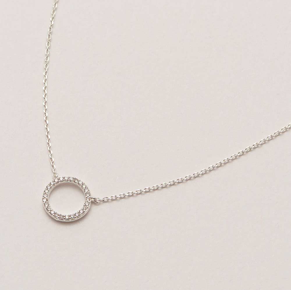 Silver Plated, Pave Set Circle Crystal Necklace