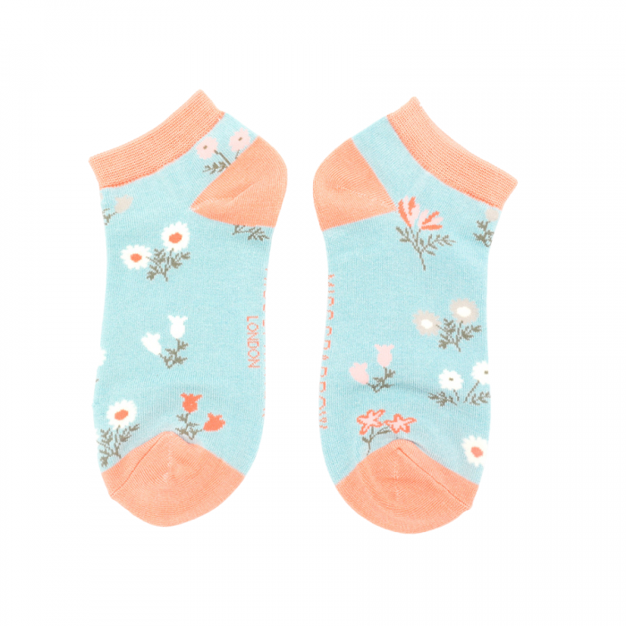 Dainty Floral Print Trainer Socks - Duck Egg Blue