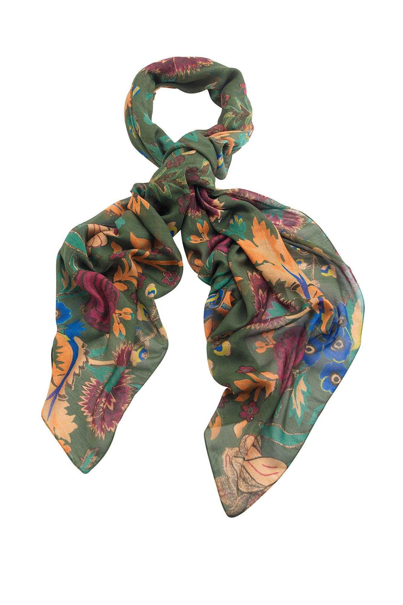 A scarf by One Hundred Stars from Vinegar Hill in an illustrative floral print against a  mid green background. The flowers and leaves are printed in shades  of gold, blue and purple