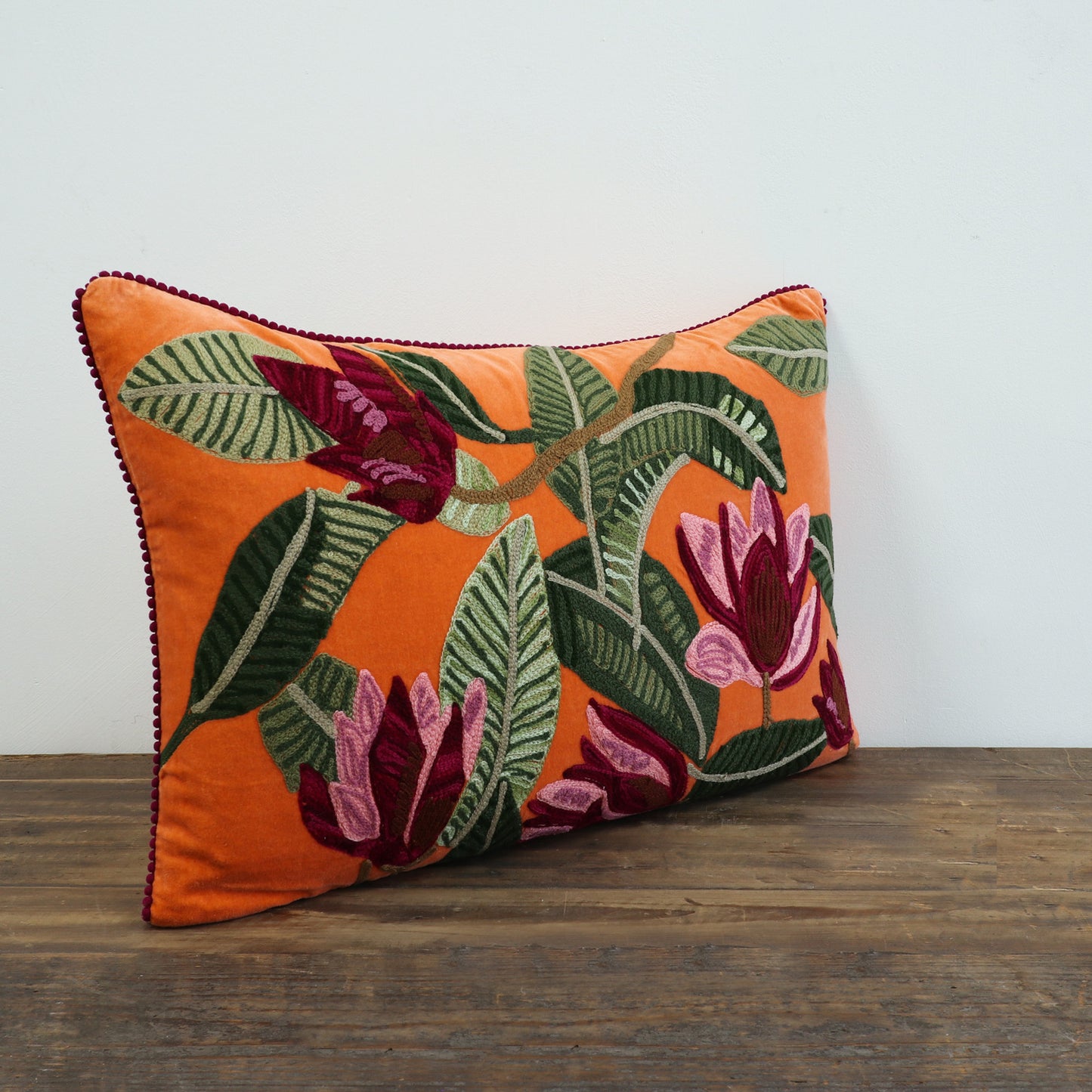 Embroidered Velvet Cushion – Orange Floral